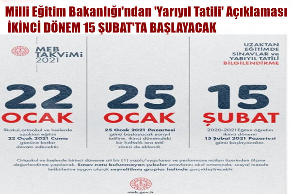 ''Milli Eğitim Bakanlığı'ndan 'Yarıyıl Tatili' Açıklaması İKİNCİ DÖNEM 15 ŞUBAT'TA BAŞLAYACAK''